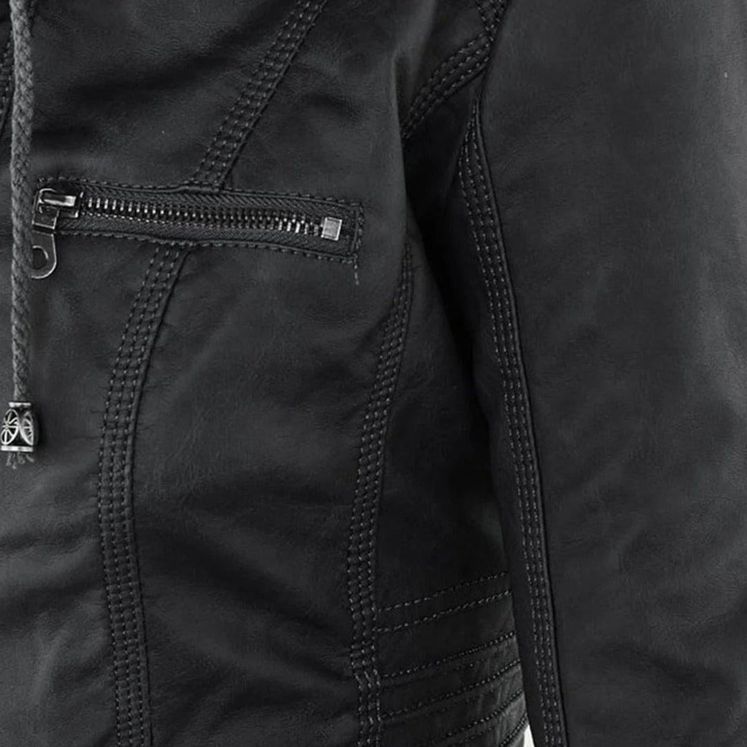 Damen Slim Fit Kunstlederjacke Casual mit abnehmbarer Kapuze