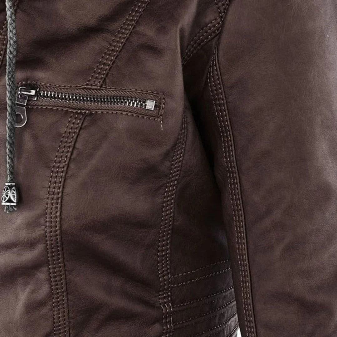Damen Slim Fit Kunstlederjacke Casual mit abnehmbarer Kapuze