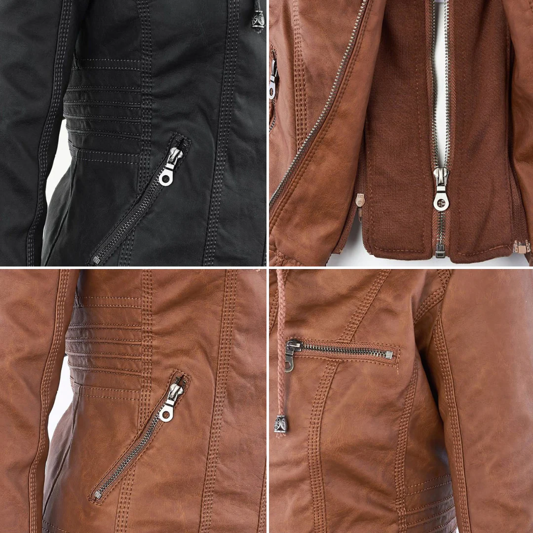 Damen Slim Fit Kunstlederjacke Casual mit abnehmbarer Kapuze