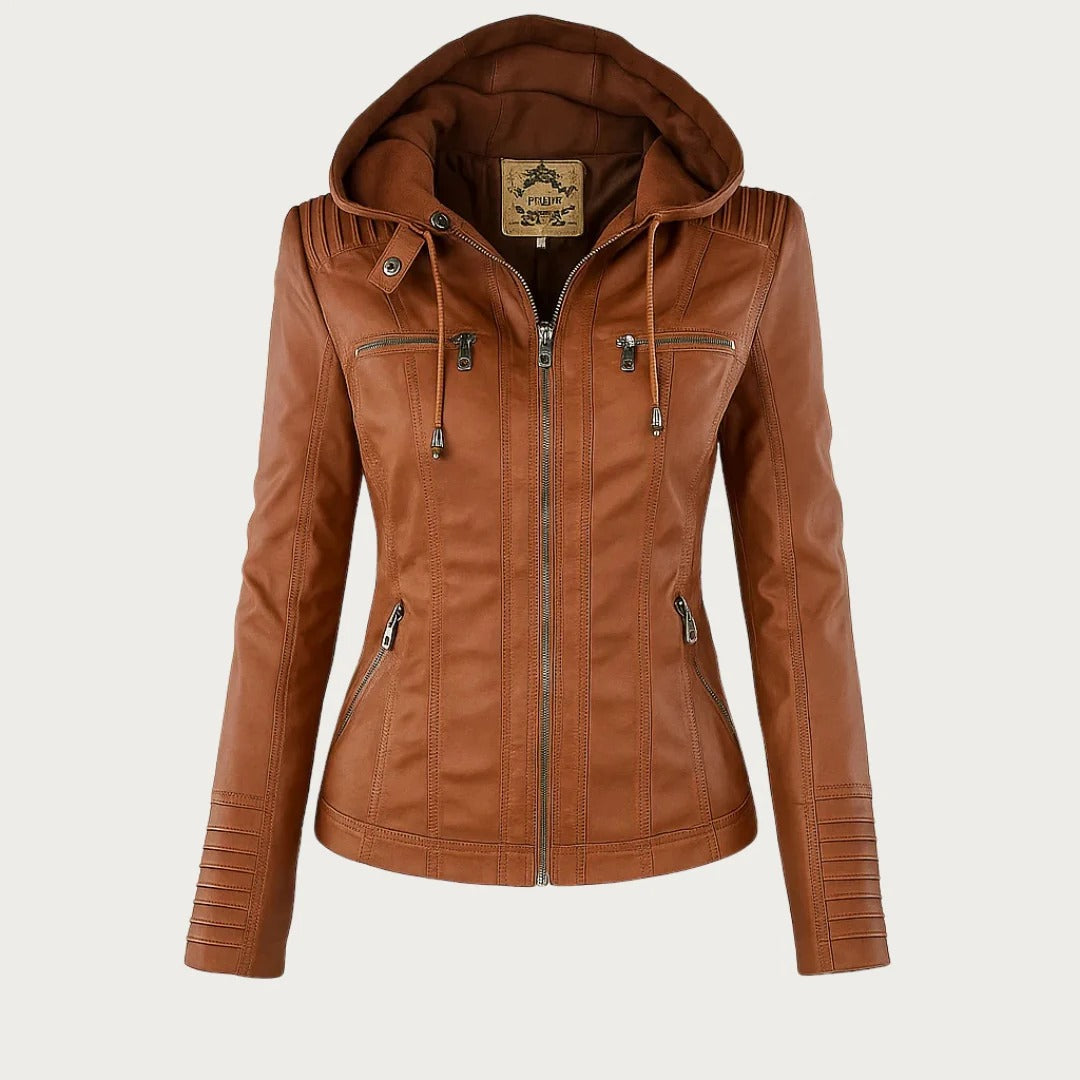 Damen Slim Fit Kunstlederjacke Casual mit abnehmbarer Kapuze