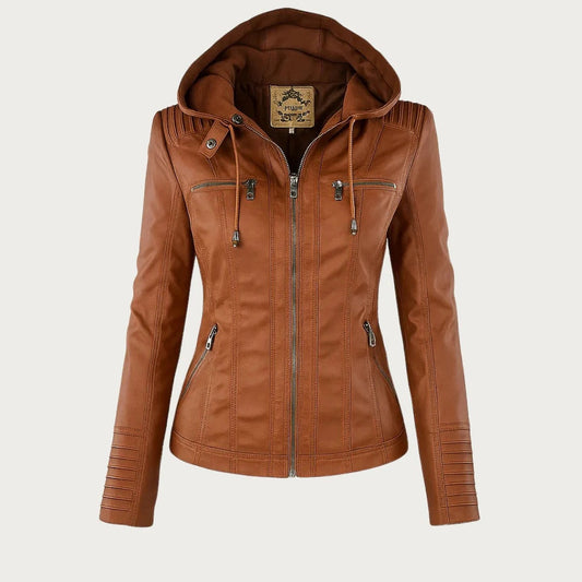 Damen Slim Fit Kunstlederjacke Casual mit abnehmbarer Kapuze