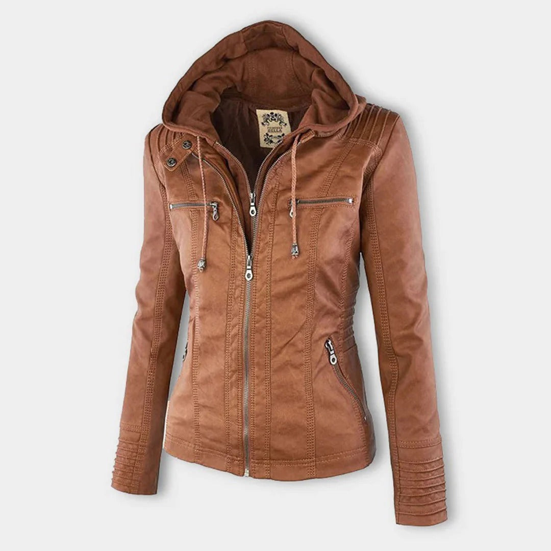 Damen Slim Fit Kunstlederjacke Casual mit abnehmbarer Kapuze