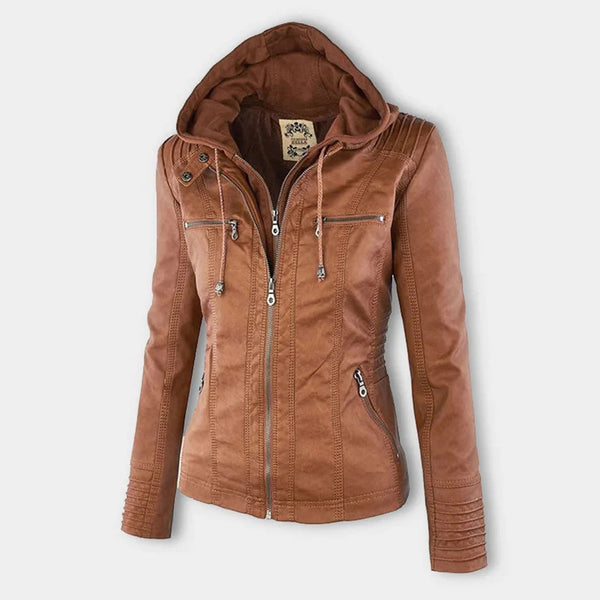 Damen Slim Fit Kunstlederjacke Casual mit abnehmbarer Kapuze