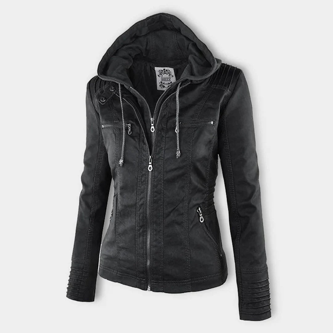 Damen Slim Fit Kunstlederjacke Casual mit abnehmbarer Kapuze