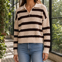 Damen Texturierter Pullover Relaxed Fit mit Polokragen und Streifenmuster