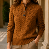 Damen Kabelstrickpullover Regular Fit mit Stehkragen und Knopfausschnitt