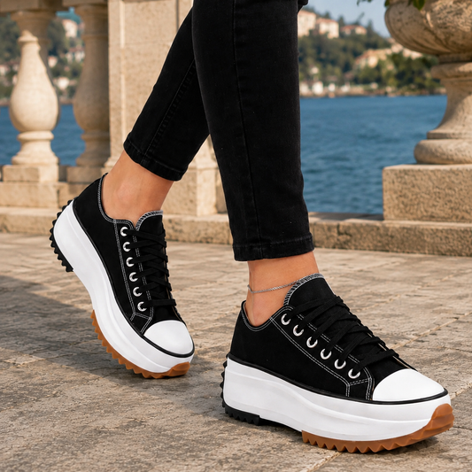 Damen Plateau Sneaker Low-Top Retro mit Kontrast-Zehenkappe