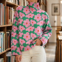 Damen Oversize Rollkragenpullover mit Blumenmuster