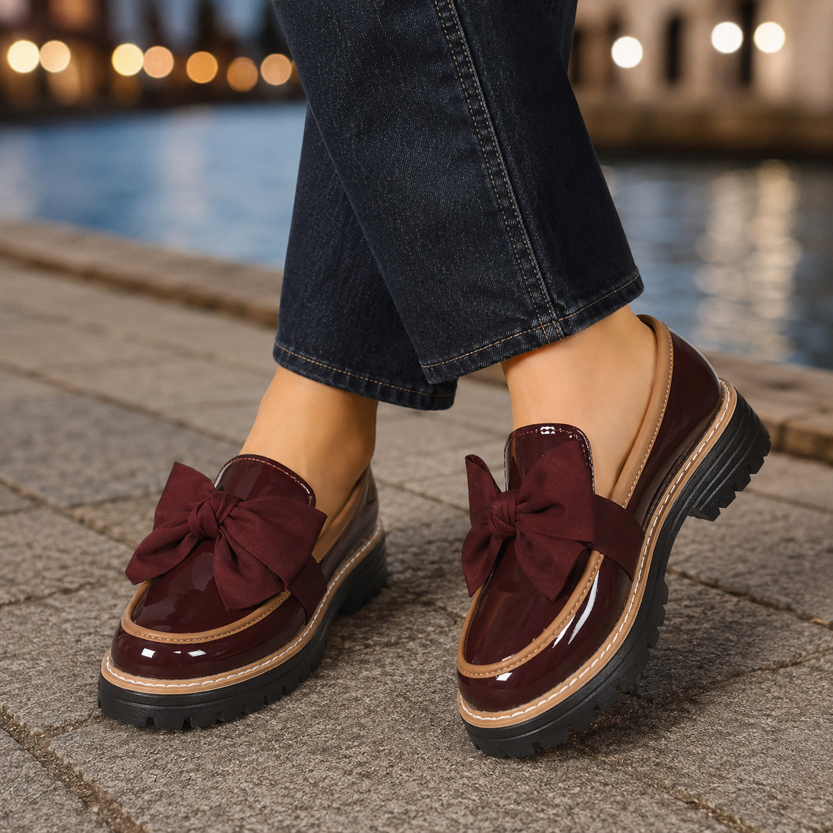 Damen Loafers mit übergroßer Schleife und Profilsohle