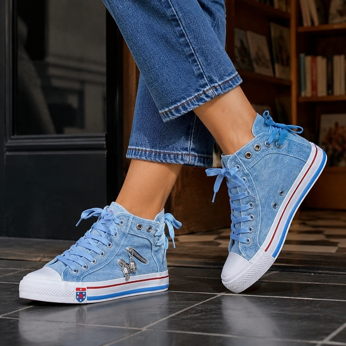 Damen High-Top Sneaker mit seitlichem Reißverschluss und Metallanhängern