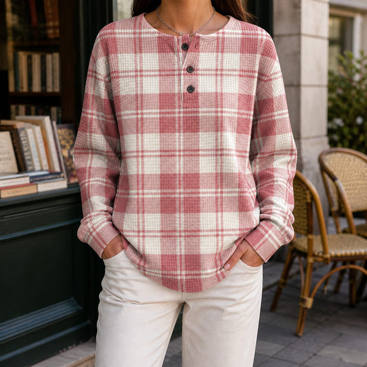Damen Pullover Karomuster Relaxed Fit mit Henley-Ausschnitt