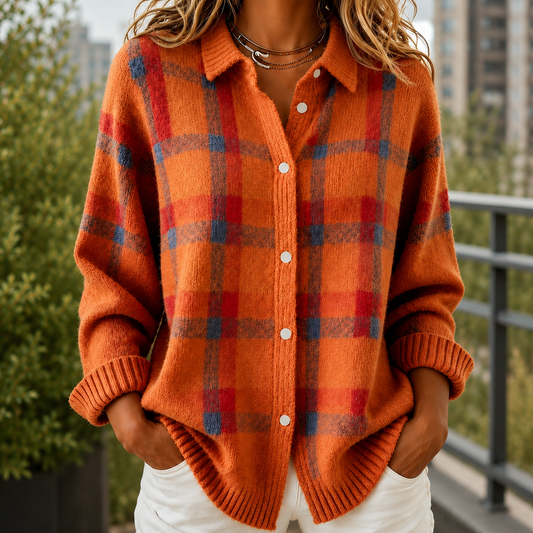 Damen Karo-Pullover Relaxed Fit mit Spitzkragen und Knopfleiste