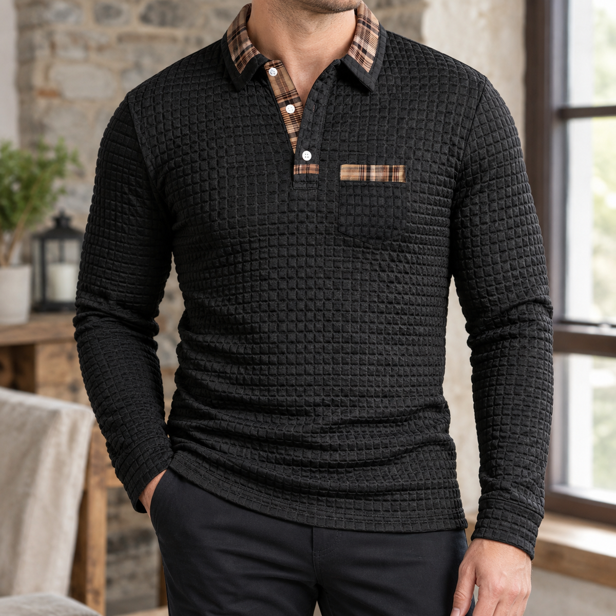 Herren Slim Fit Langarm-Poloshirt Freizeit kariert