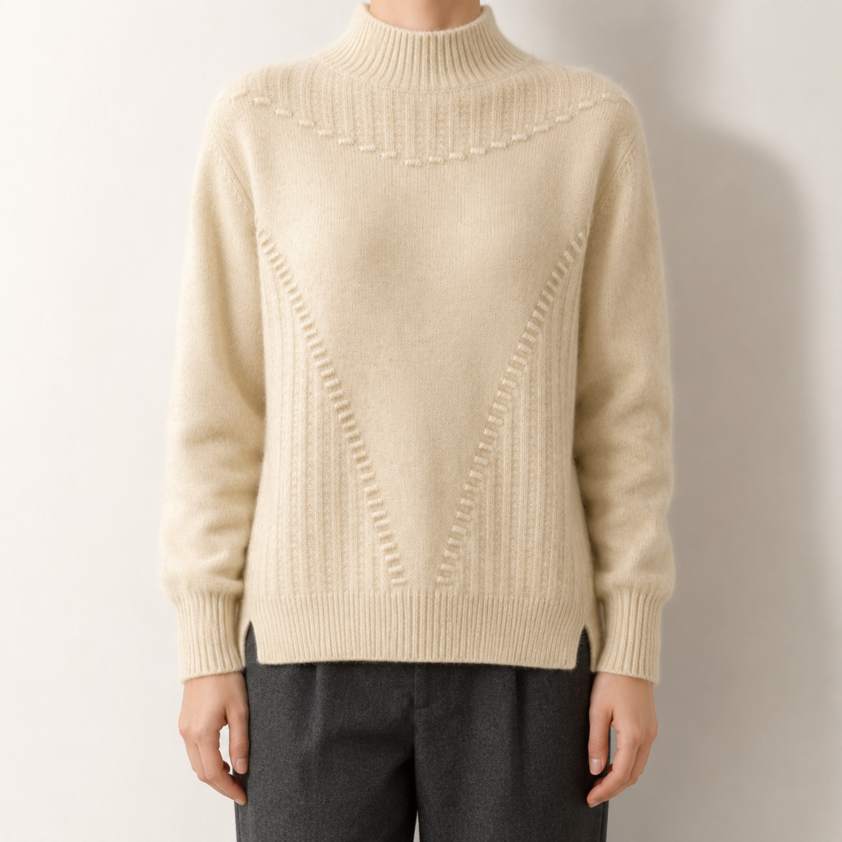 Damen Strickpullover Regular Fit mit Mock-Neck und Kettenstich-Muster