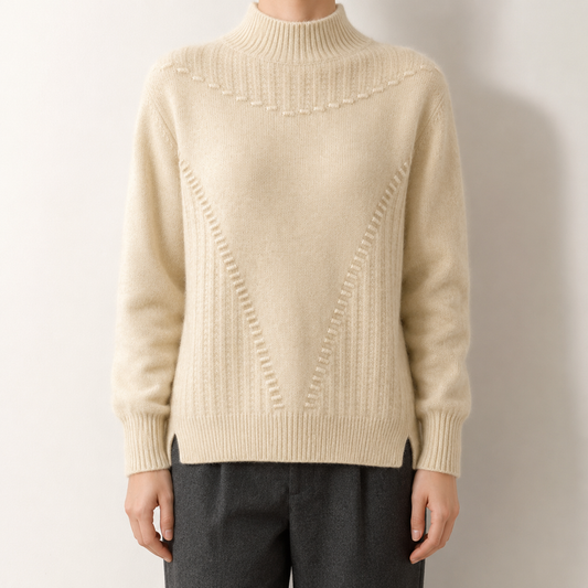 Damen Strickpullover Regular Fit mit Mock-Neck und Kettenstich-Muster