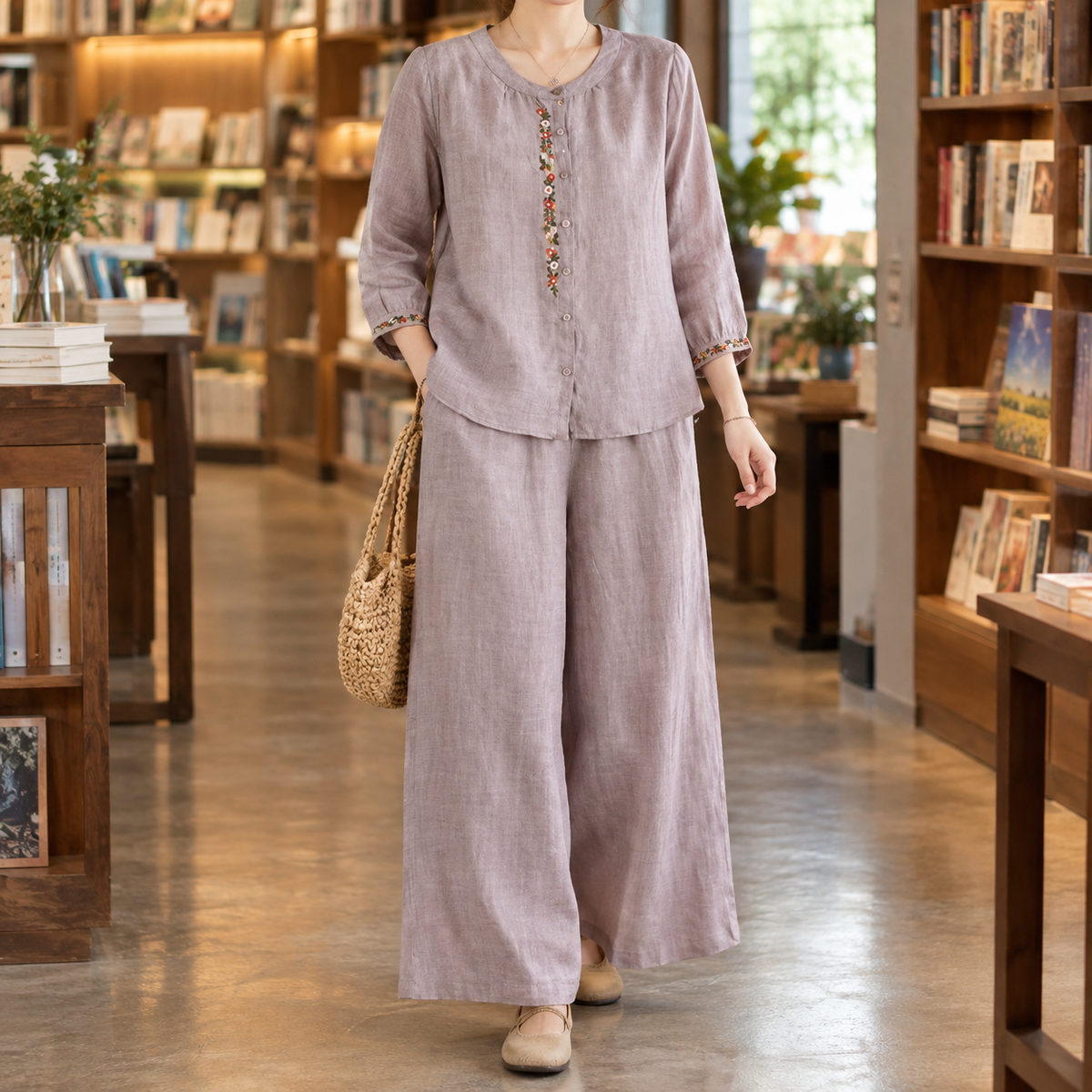 Damen Zweiteiler Relaxed Fit Freizeit mit Blumenstickerei