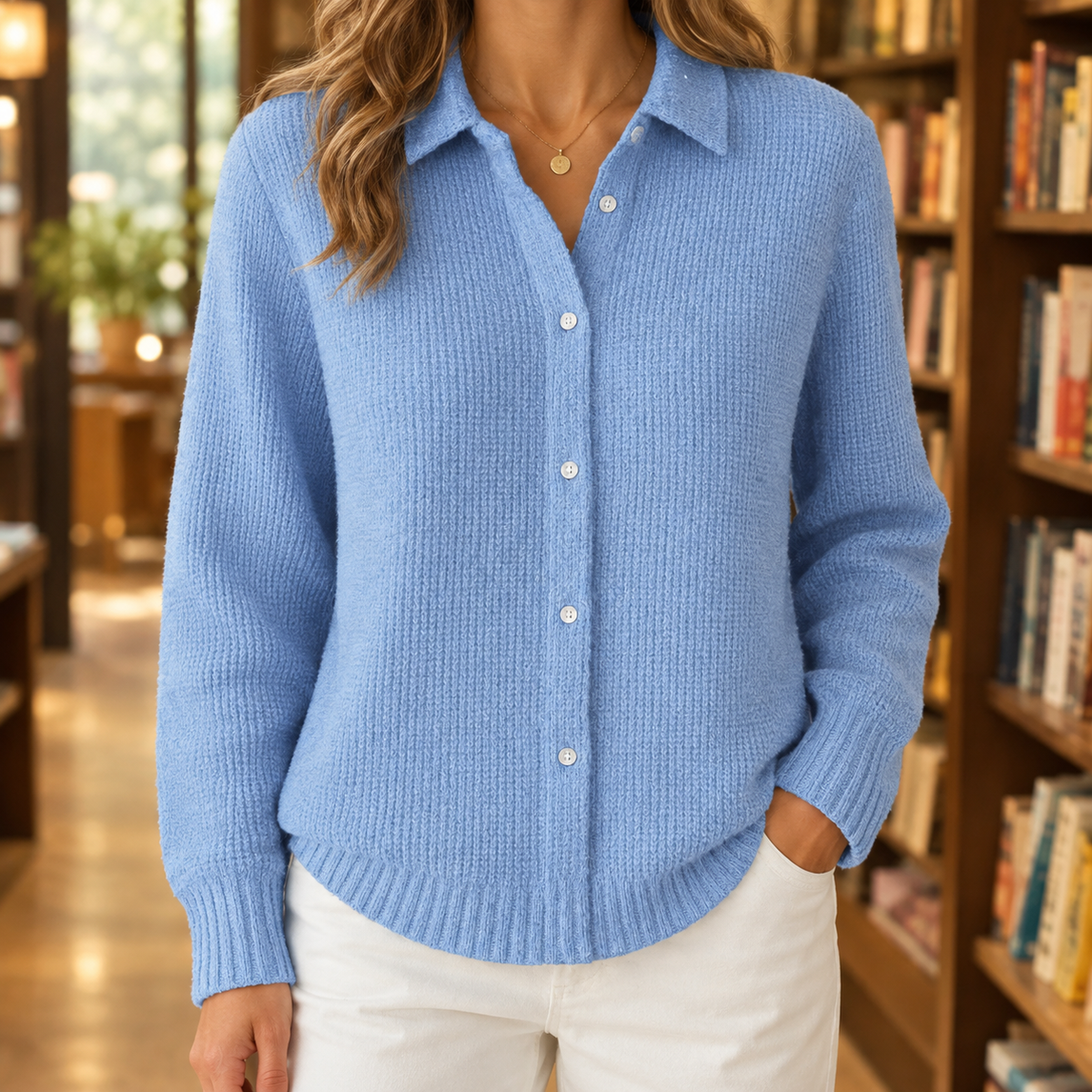 Damen Kragenpullover Regular Fit mit Knopfleiste und Rippbündchen