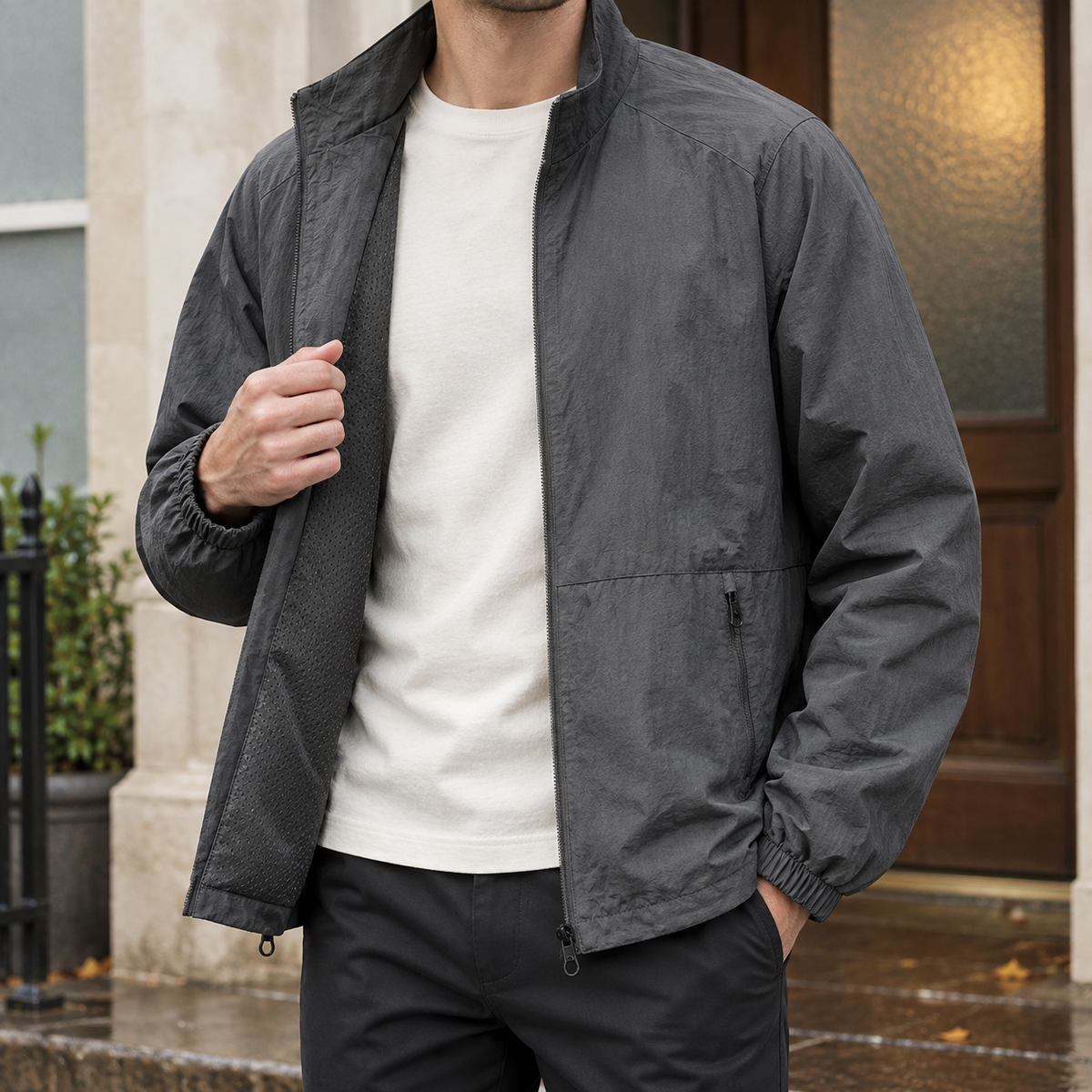 Stehkragenjacke Herren Regular Fit Freizeit leicht atmungsaktiv