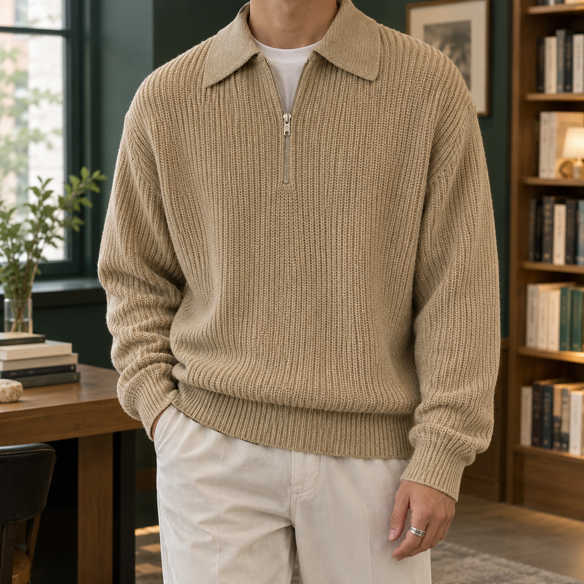Herren Quarter Zip Pullover Relaxed Fit Freizeit