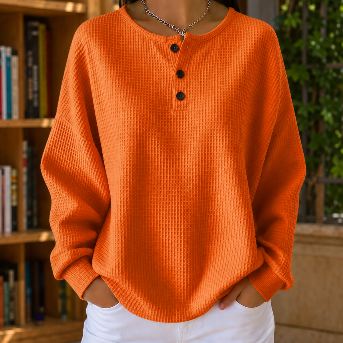 Damen Waffelpullover Oversize mit Henley-Ausschnitt