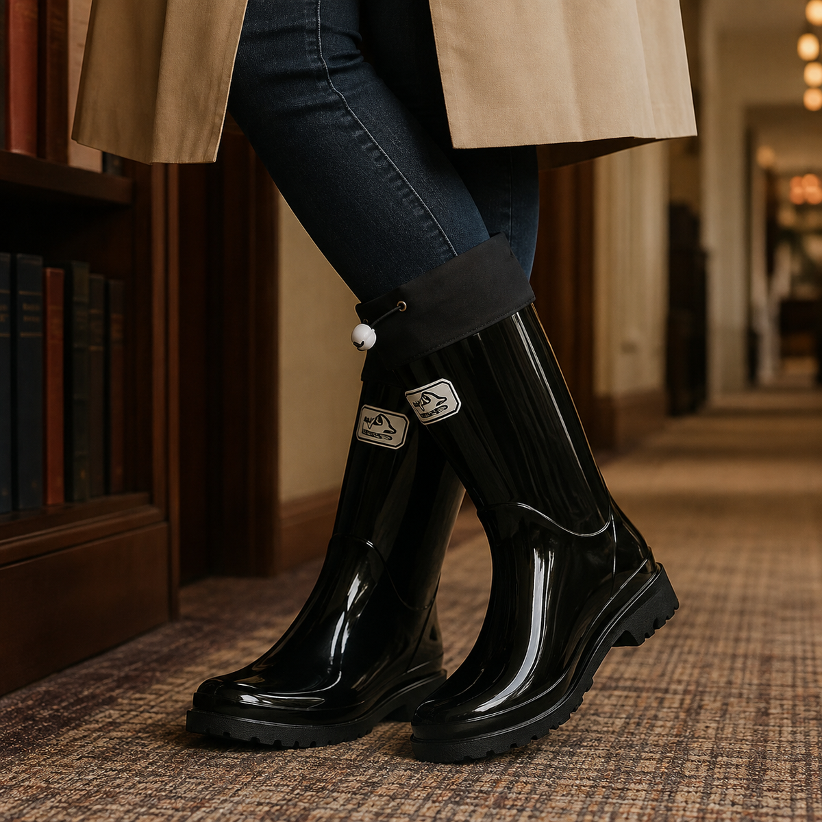 Damen Regenstiefel Knielang mit Kordelzugbündchen