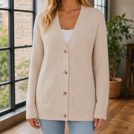Damen Kabelstrickpullover Oversize mit V-Ausschnitt und Knopfleiste