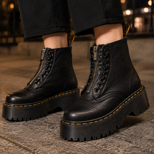 Damen Plateau-Stiefel Schwarz mit Reißverschluss und profilierter Plattform