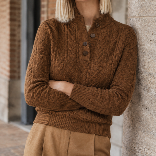 Damen Pullover Slim Fit mit Kabelstrick und Knopfleiste