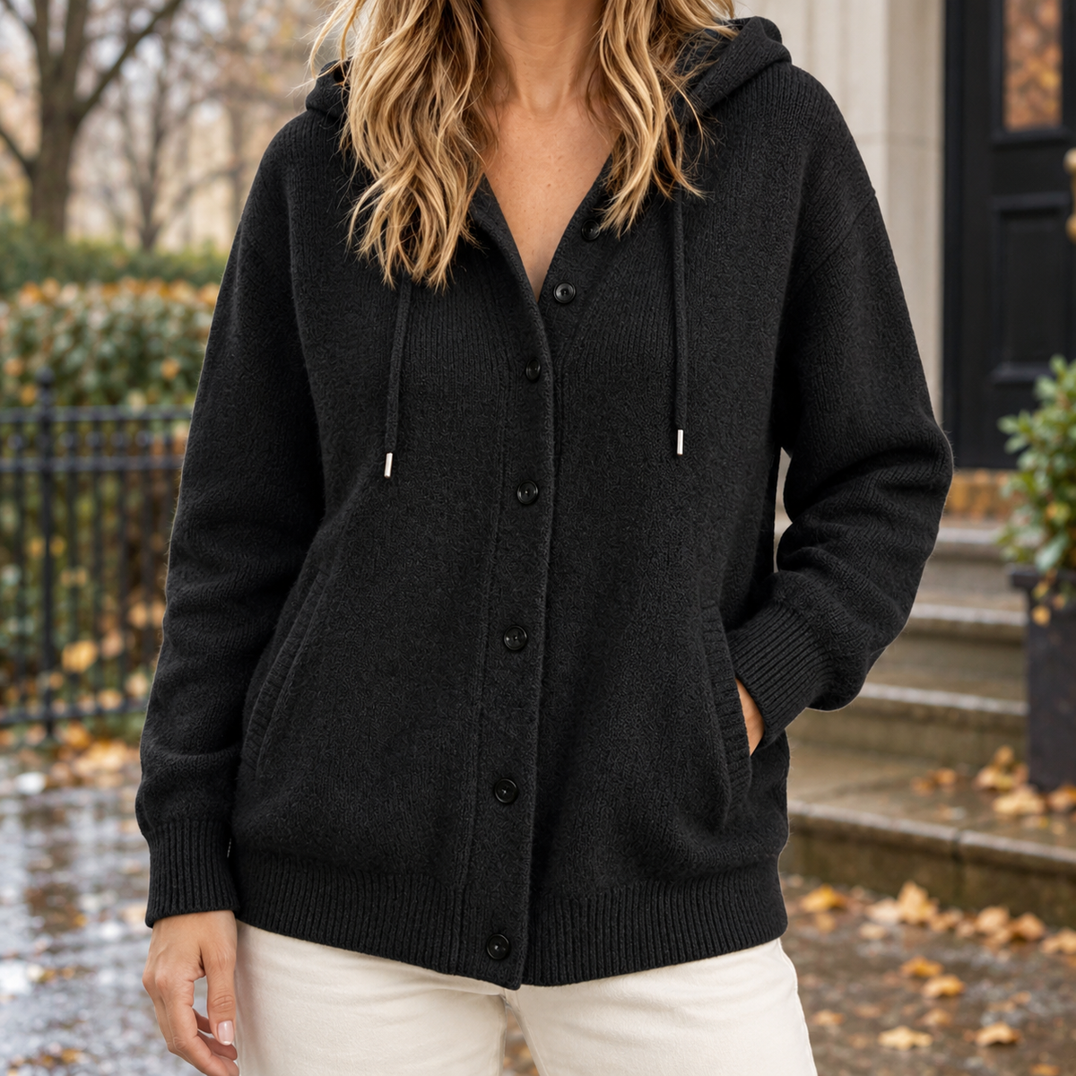 Damen Kapuzen-Cardigan Relaxed Fit Casual mit Knopfleiste