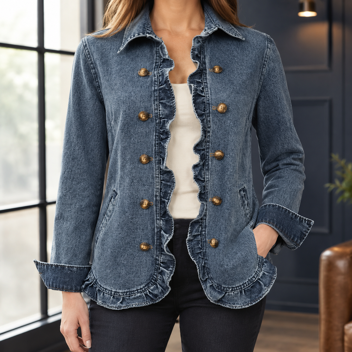 Damen Rüschendetails Taillierte Denimjacke Freizeit