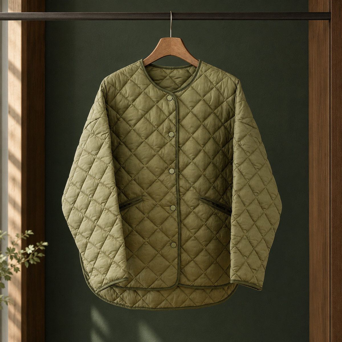 Damen Steppjacke Relaxed Fit Casual ohne Kragen mit Druckknöpfen