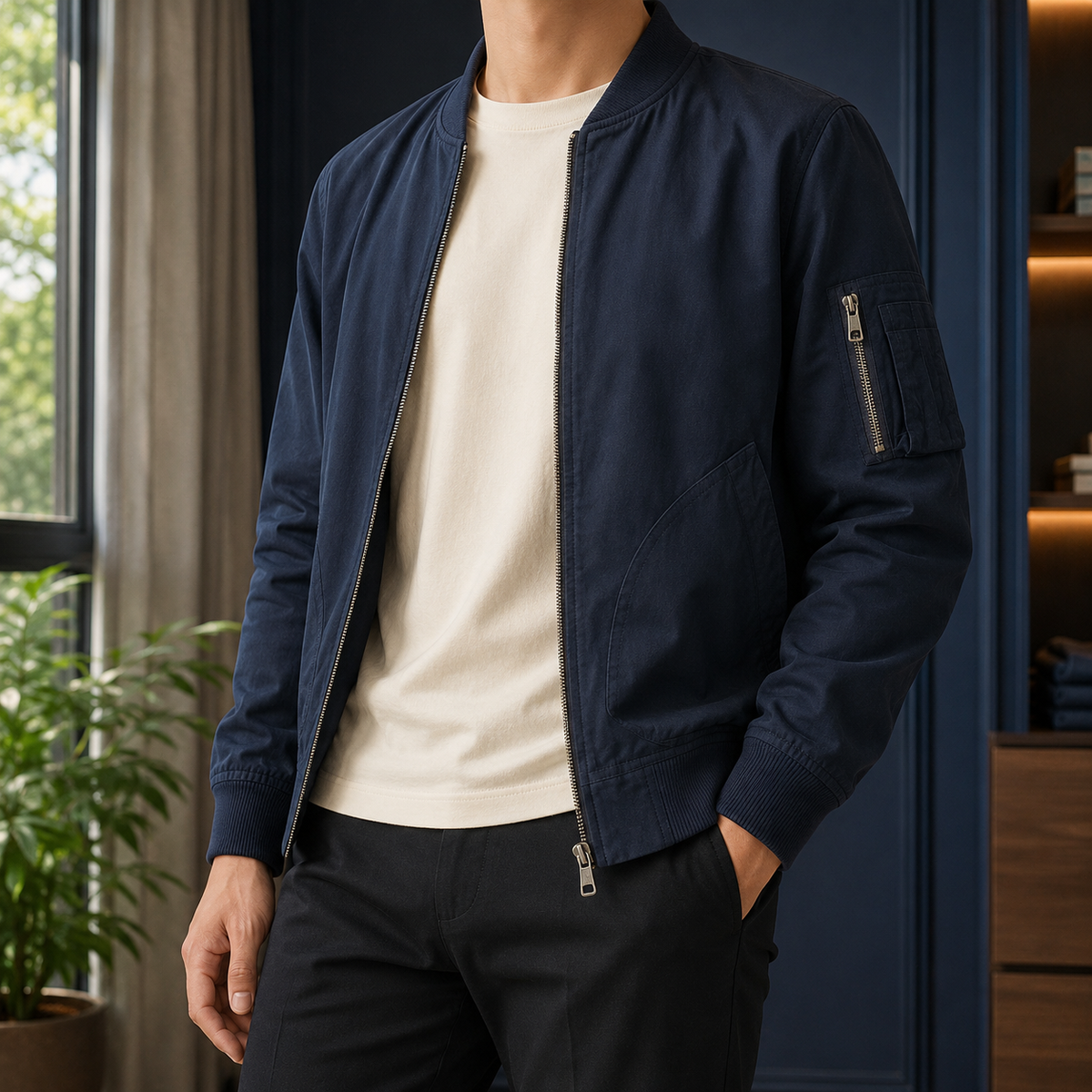 Herren Utility-Bomberjacke Relaxed Fit mit Reißverschluss und Seitentaschen