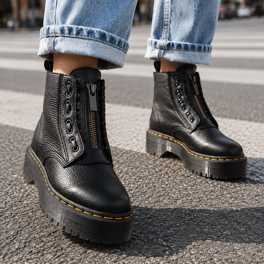 Damen Plattformstiefel mit Schnürung, Reißverschluss und gerippter Plattform