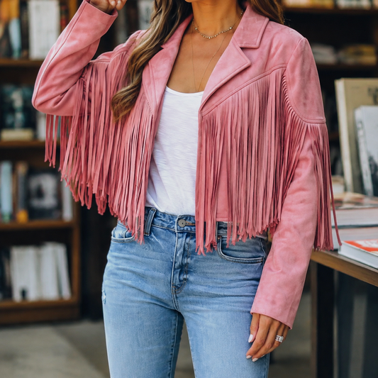 Damen Fransenjacke Regular Fit Casual mit Reverskragen
