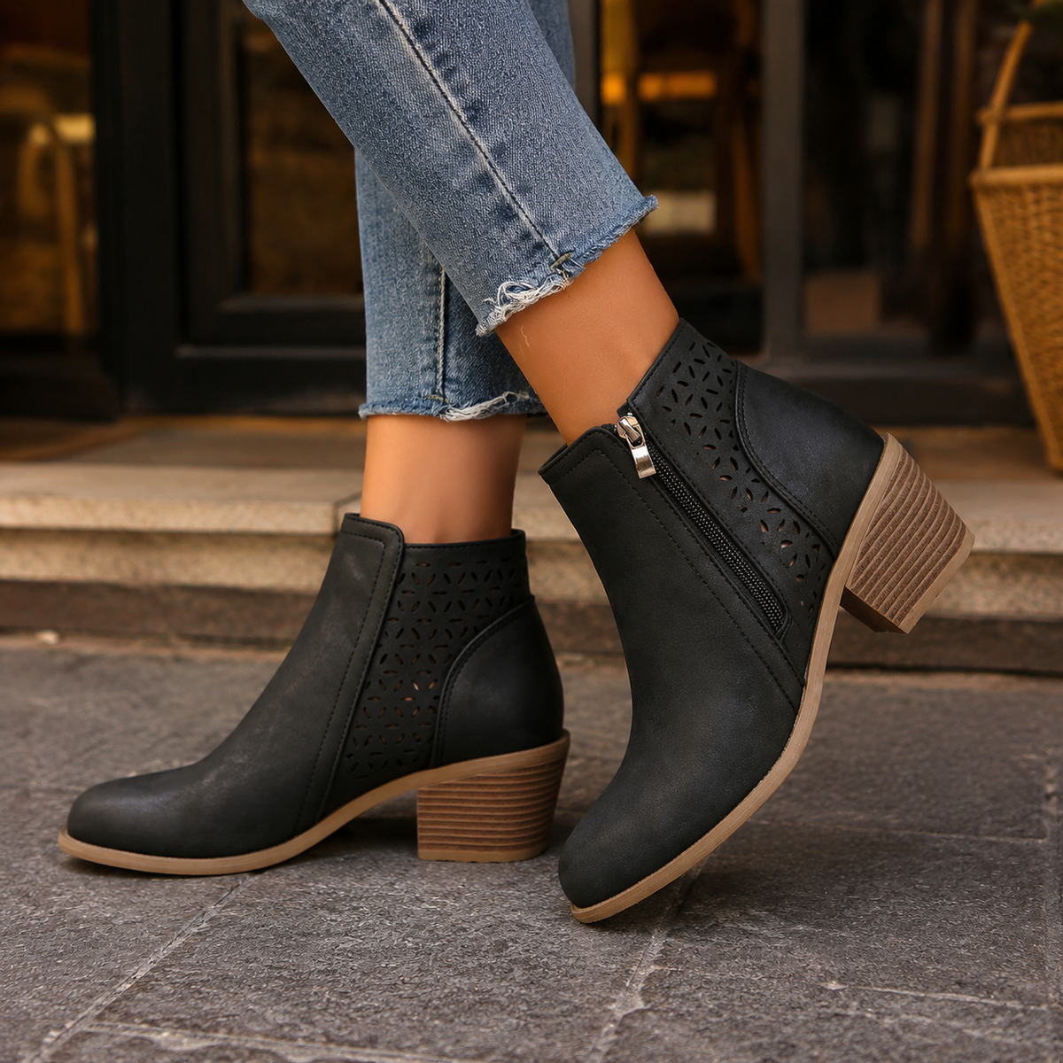 Damen Stiefeletten mit floralen Cutouts und Blockabsatz