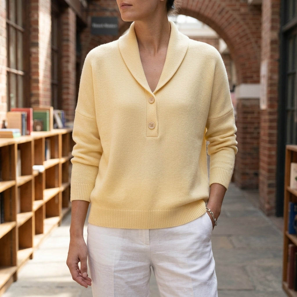 Damen Schalkragenpullover Relaxed Fit mit Halbknopfleiste