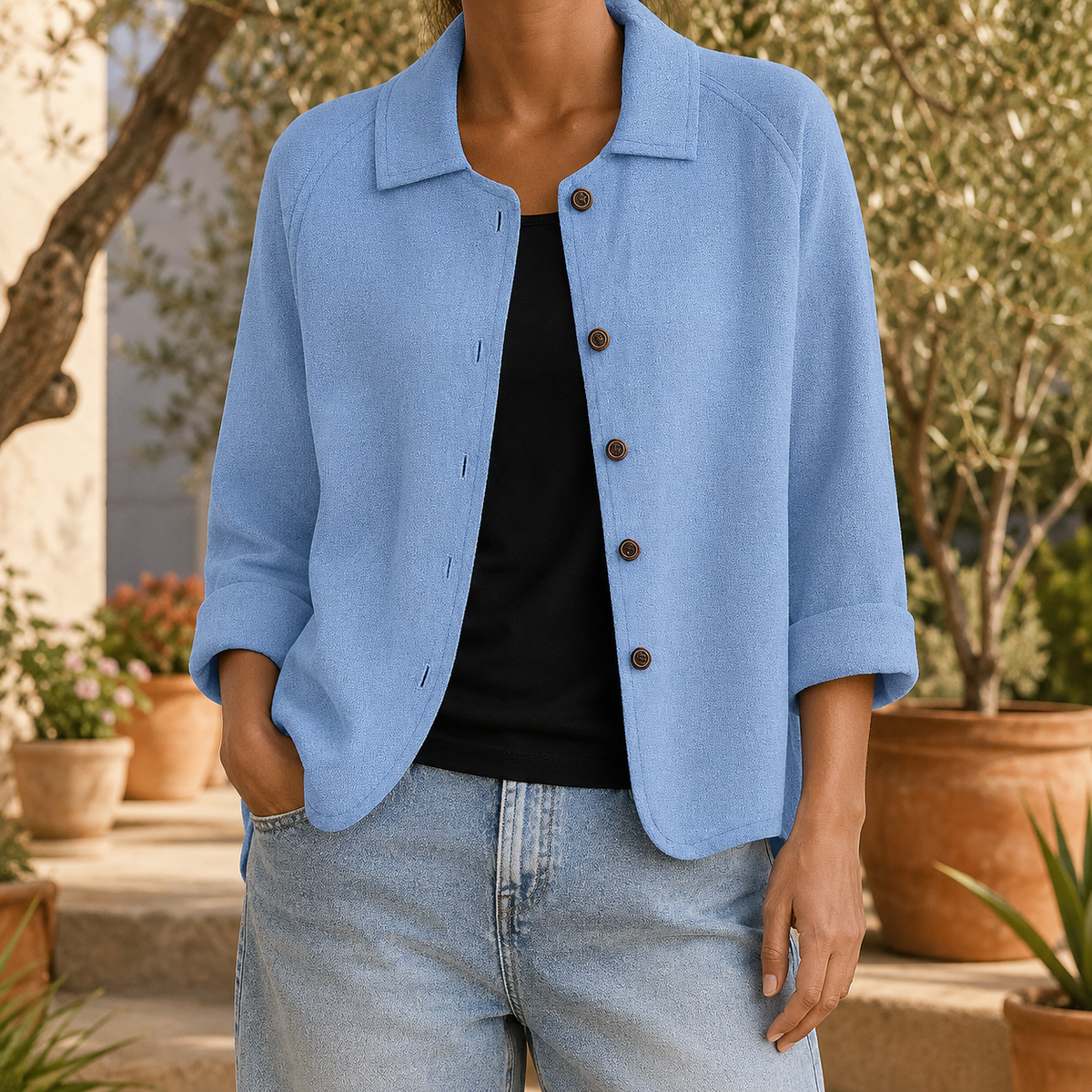 Damen Kragenpullover Relaxed Fit mit Dreiviertelärmeln und Knopfleiste