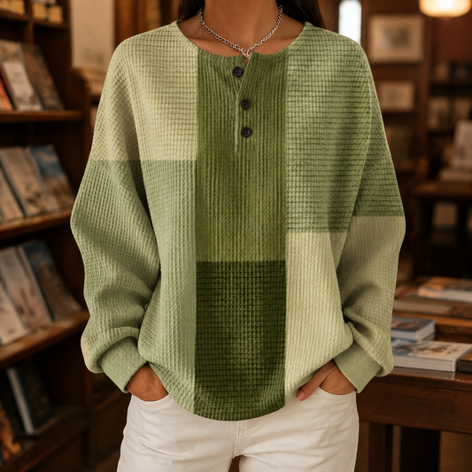 Damen Farbblock-Pullover Relaxed Fit Oliv mit Henley-Ausschnitt