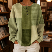 Damen Farbblock-Pullover Relaxed Fit Oliv mit Henley-Ausschnitt