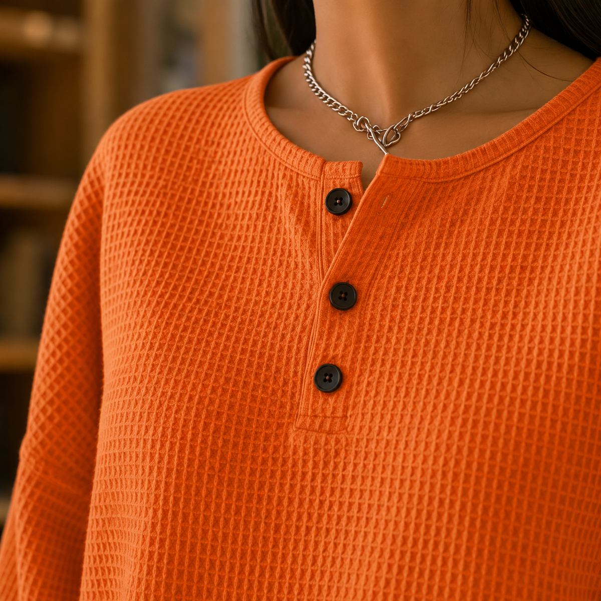 Damen Waffelpullover Oversize mit Henley-Ausschnitt