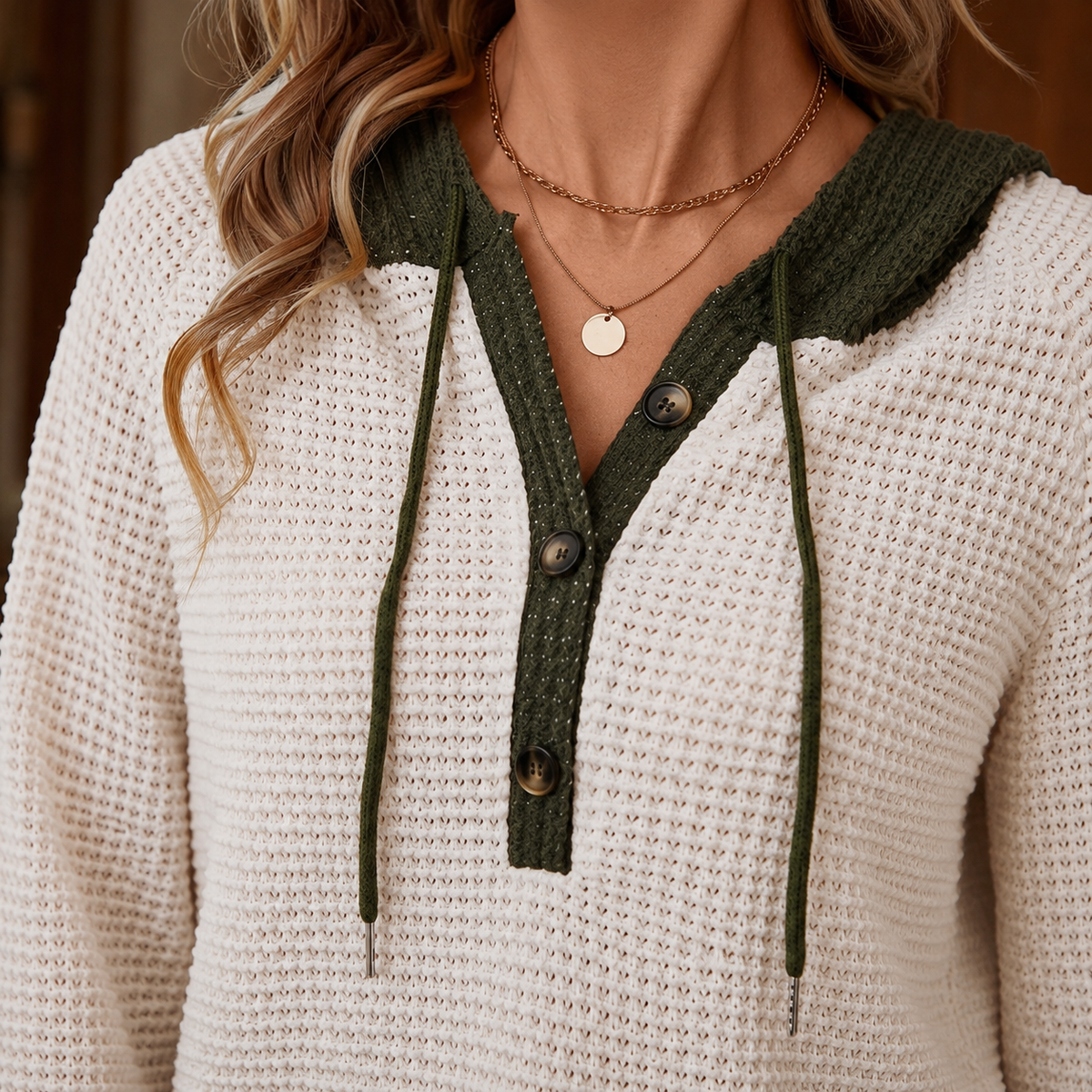 Damen Waffelstrickpullover Relaxed Fit mit Kapuze und Knopfleiste