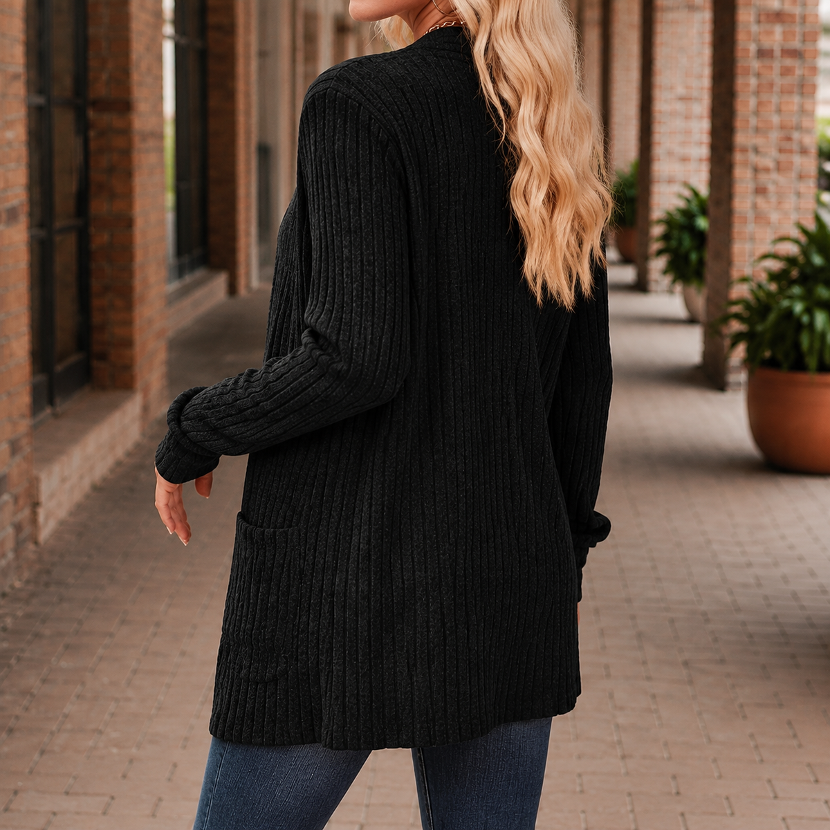Damen Rippstrick-Cardigan Relaxed Fit mit offener Front und Taschen