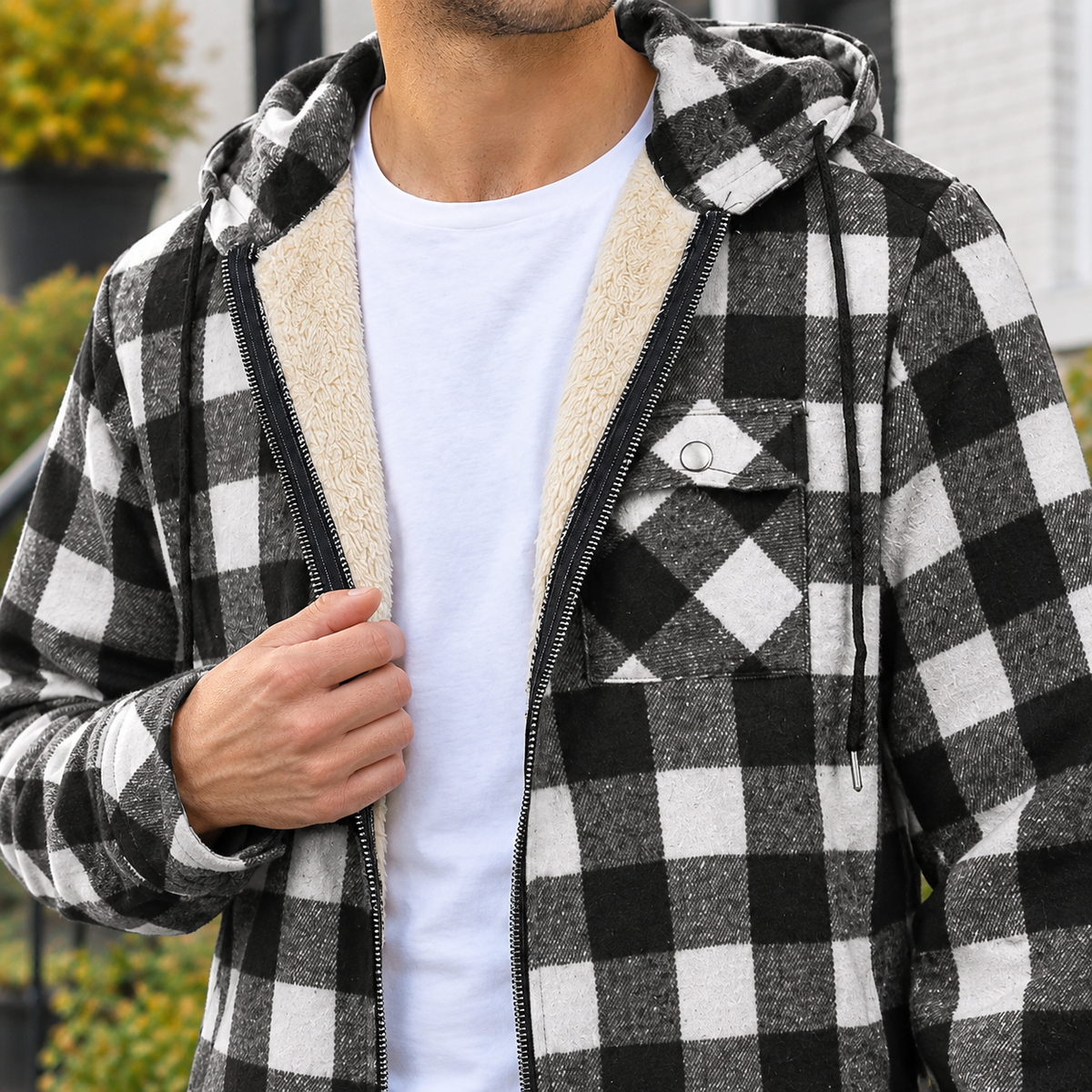 Herren Karojacke Regular Fit Freizeit mit Kapuze und Reißverschluss