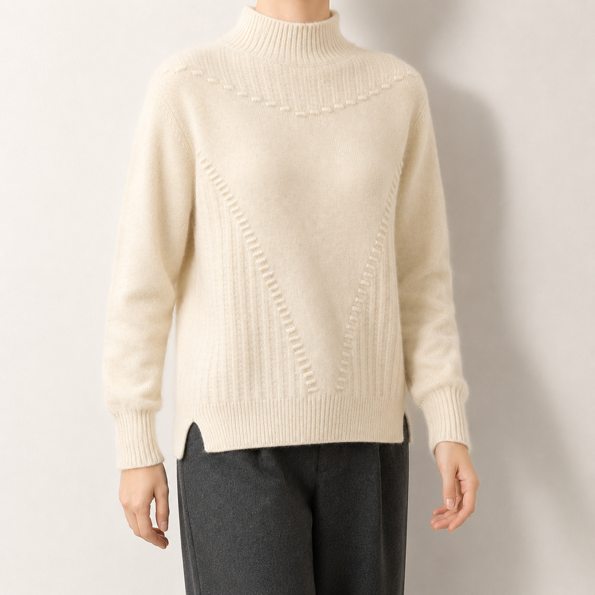 Damen Strickpullover Regular Fit mit Mock-Neck und Kettenstich-Muster