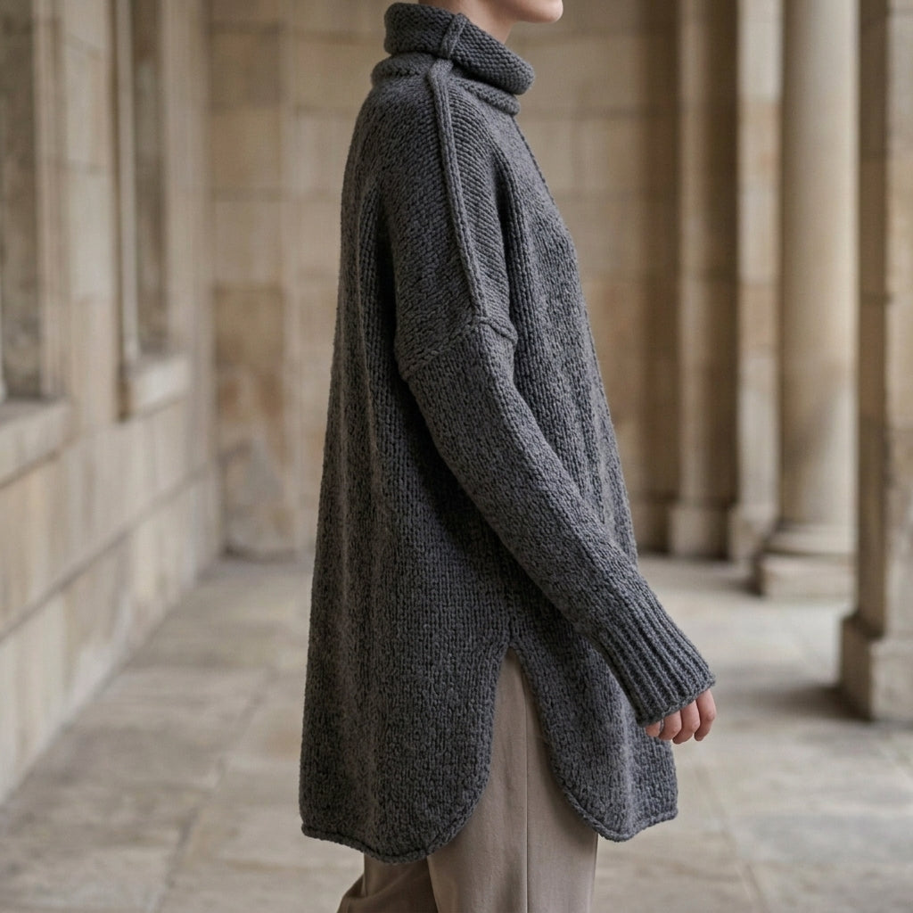 Damen Oversize Pullover mit gestapeltem Kragen und asymmetrischem Saum
