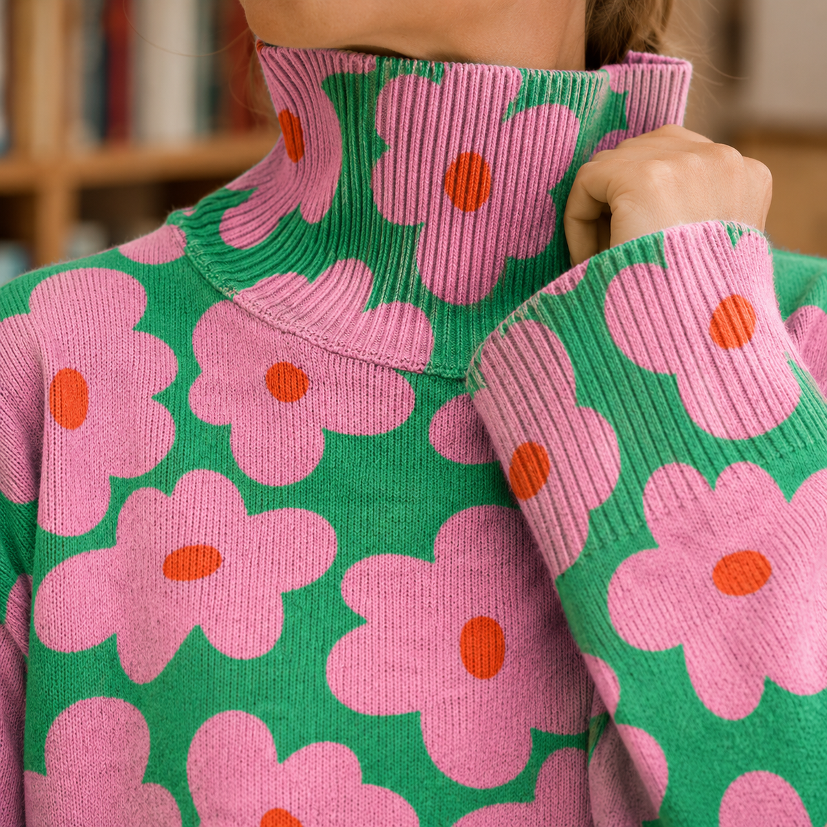Damen Oversize Rollkragenpullover mit Blumenmuster