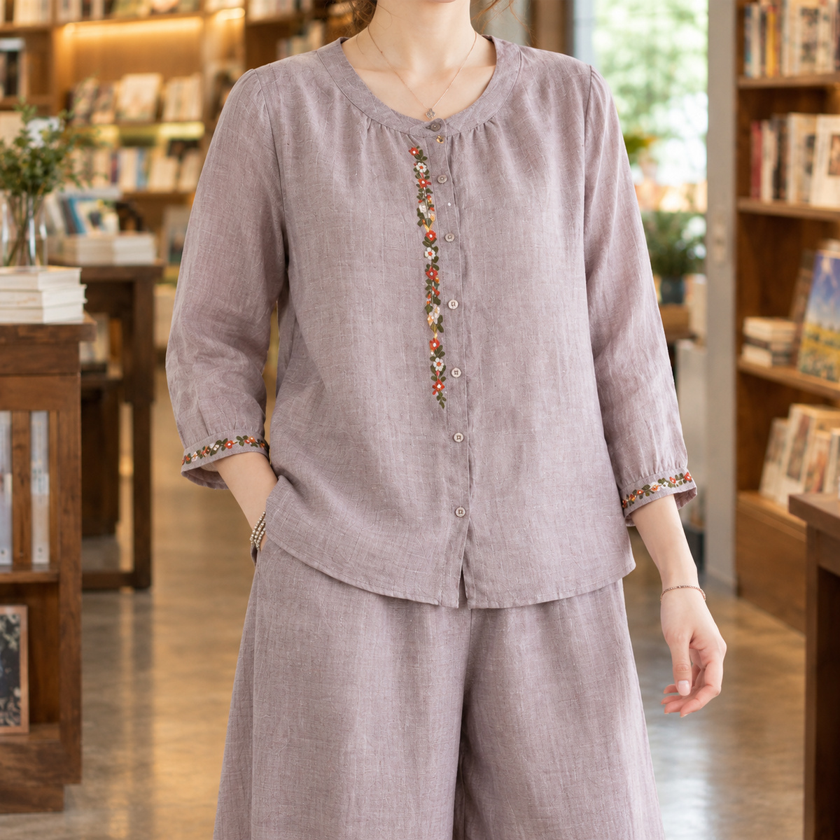 Damen Zweiteiler Relaxed Fit Freizeit mit Blumenstickerei