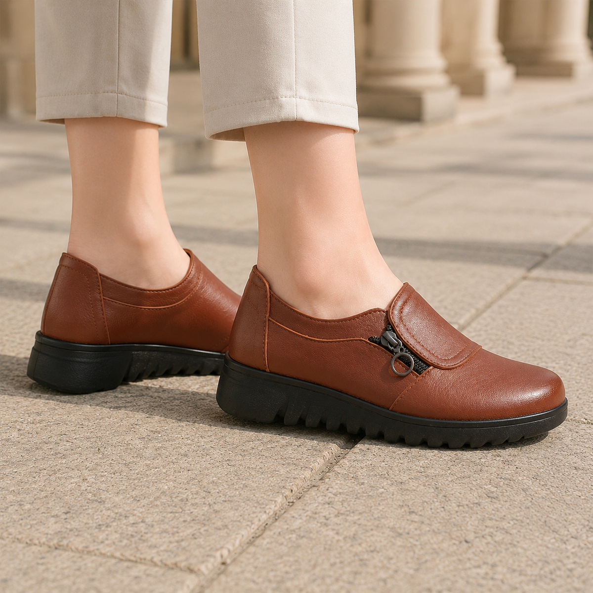 Damen Schuhe mit seitlichem Reißverschluss und geriffelter Sohle