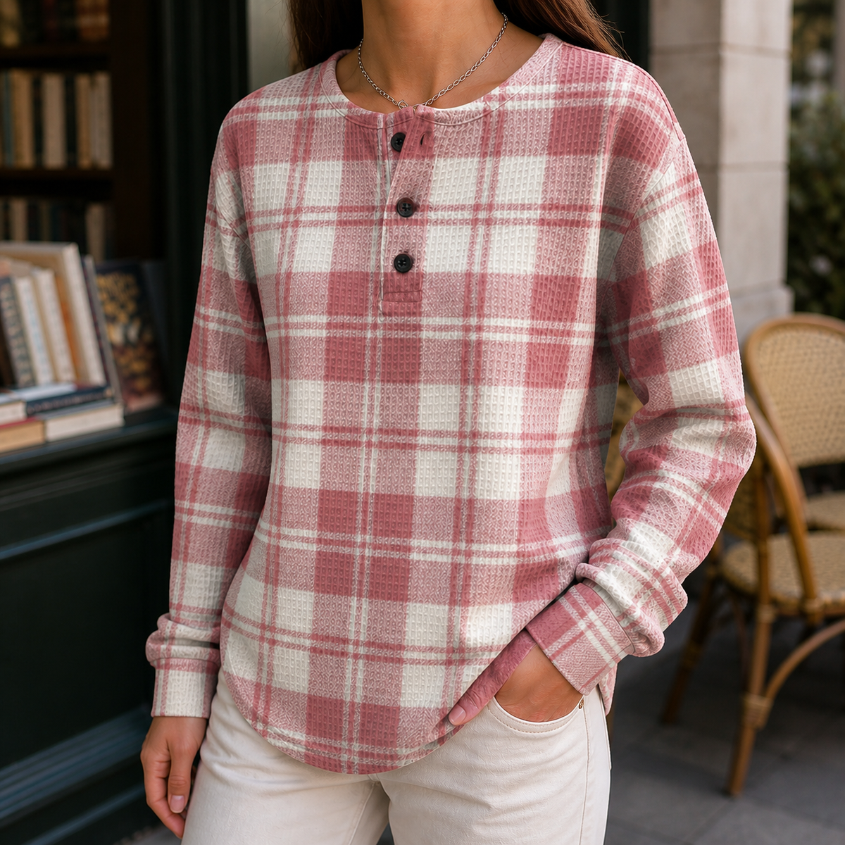 Damen Pullover Karomuster Relaxed Fit mit Henley-Ausschnitt