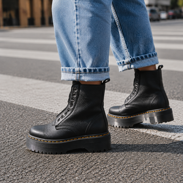 Damen Plattformstiefel mit Schnürung, Reißverschluss und gerippter Plattform